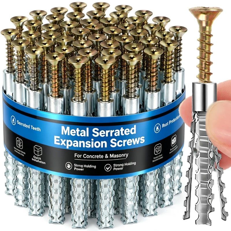 100/10Sets Metal Serrated Expansion Screws Self Tapping Screw Tube for Concrete Wall Anchors Fasteners Drilling Plug Bolt Kits