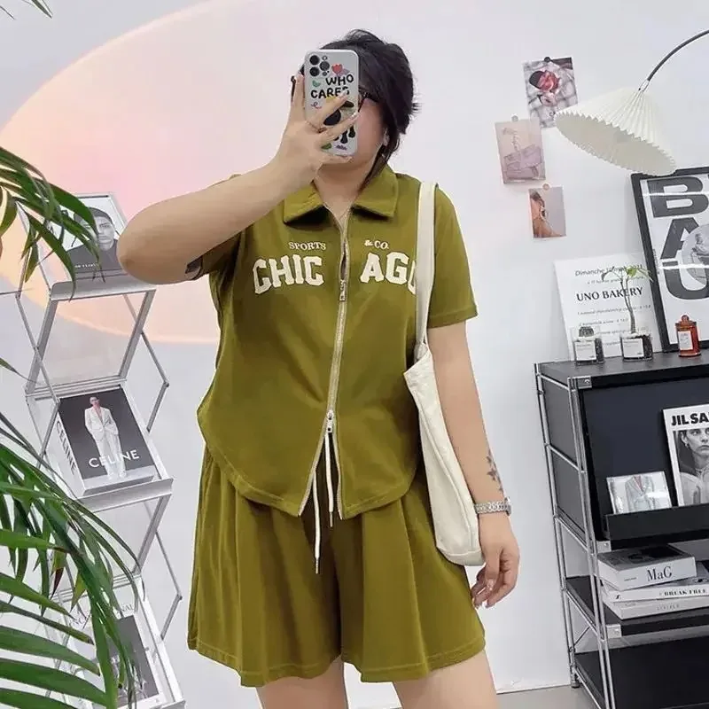 

Women's Large Short Sleeved Suit Letter Printed Polo Zipper Design T-shirt and Elastic Shorts 2 Two Piece Set Plus Size Clothing