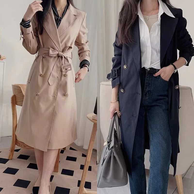

Ele MICOAT Women's Long Waist-Cinched Coat with Double-Row Buttons And Large Collar Spring Faion Outerwear in Two Colors