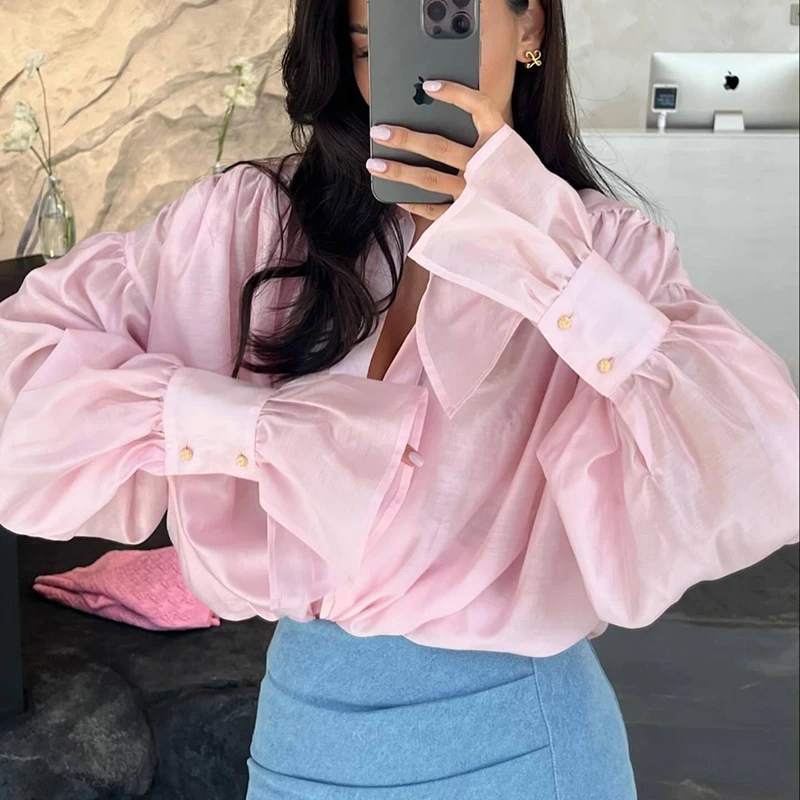 2025 Ladies Temperament Silk Slim Shirt Office Elegant Lapel Long Sleeved Solid Top Fashion High Street Single Breasted Blouses