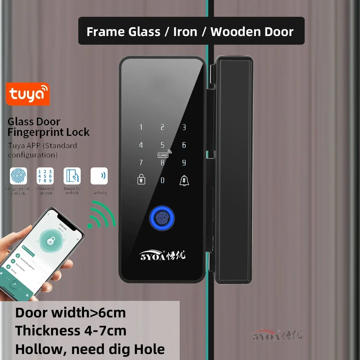 5YOA Tuya Fingerprint Door Lock for Wooden Iron Frame Glass Bluetooth Smart Electronic Biometric 13.56Mhz RFID Remote Control Un