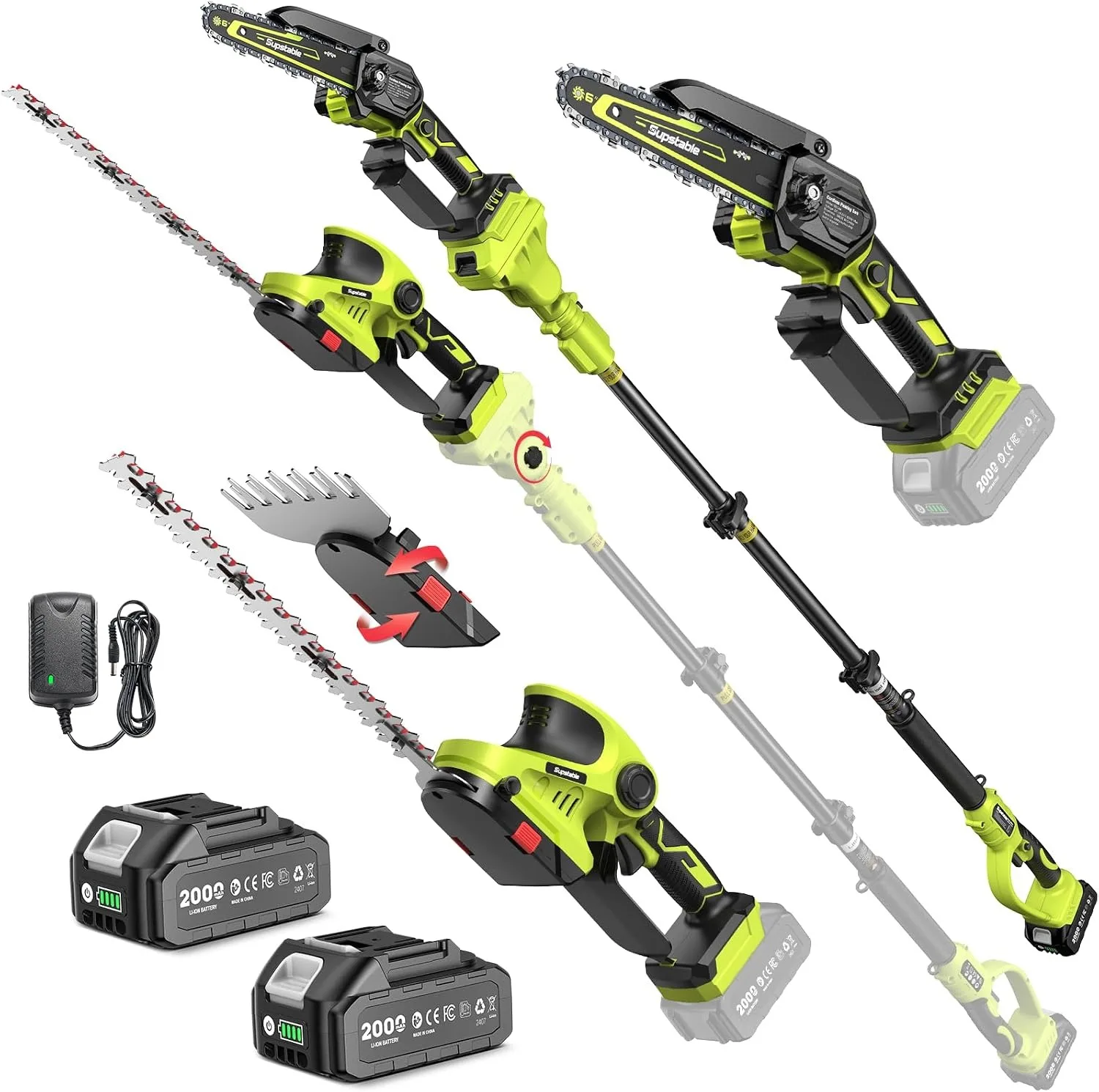Supstable 6-in-1 Cordless Pole Saw & Hedge Trimmer Mini Chainsaw Powerful Cutter Grass Strimmer with Multi Strimmer Hedge Trimmer Tree Cutting
