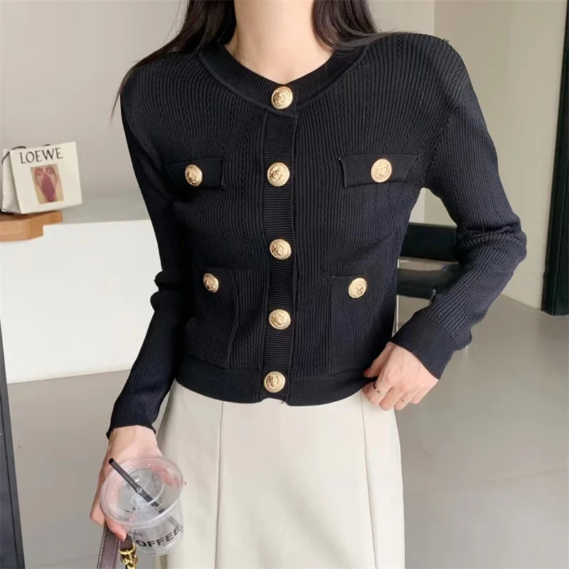 

Long-Sleeved Knitted Cardigan Office Lady Fashion Hollow Out Top K797 Autumn New High Quality Elegant Women O-Neck Gold Buttons