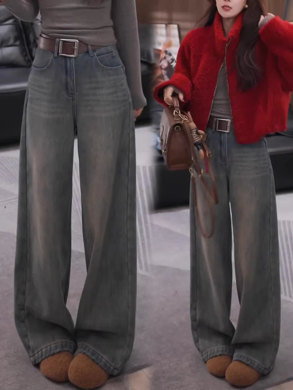 

Retro Fce Lined Straight Leg Denim Jeans Women's High Waist Loose Slimming Drapey Wide Leg Floor Length Pants