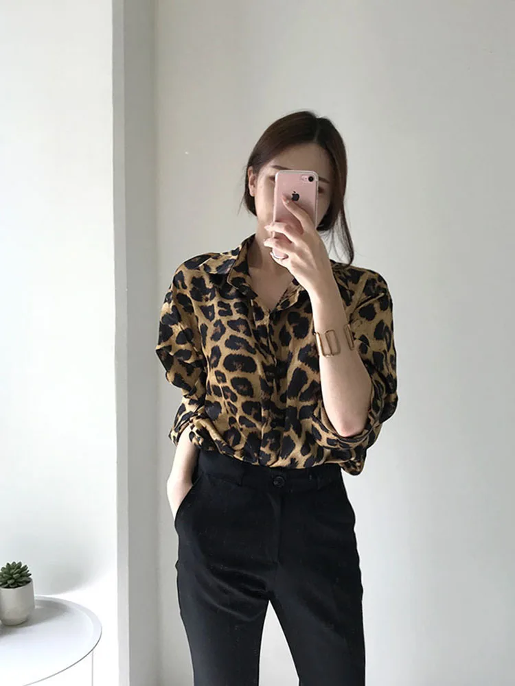 Jielur Chic Retro Leopard Print Loose Long-sleeved Women Shirt Fashion Street Casual Slim Top Female New Basic Woman Shirt