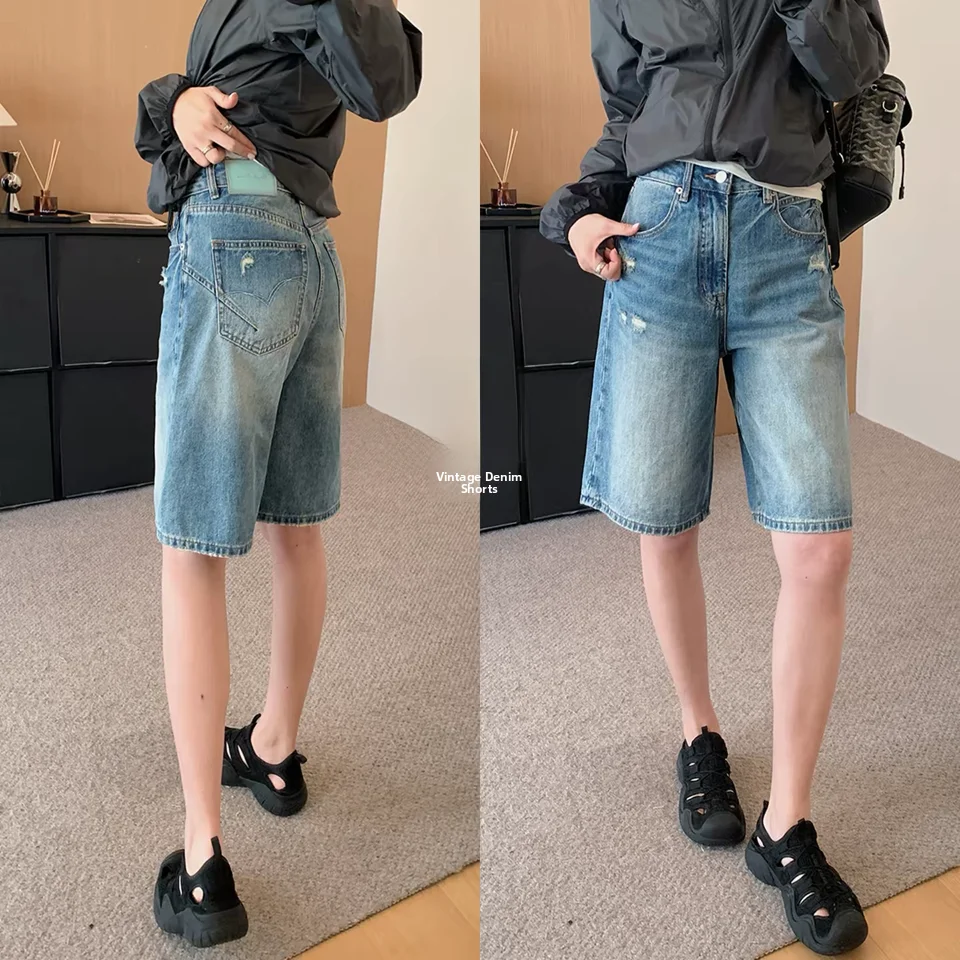 

American Style Hole Five Pants Women's Mid-Rise Jeans Summer High Waist Loose Fit Zipper Closure Fashionable Distressed Denim