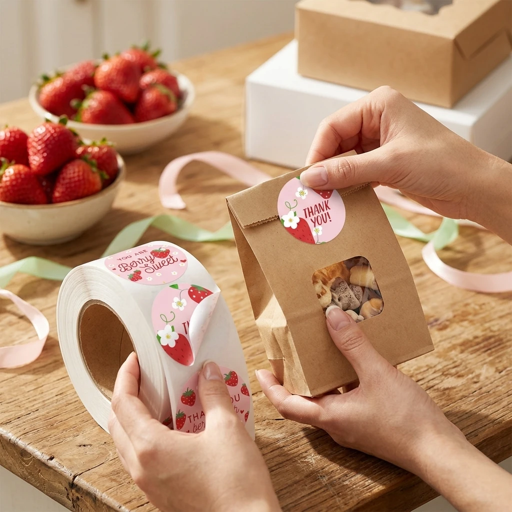Matte Coated Stickers for Birthday Party Guests Strawberry Thank You Labels Waterproof Oil-Proof Sealing Decals Durable
