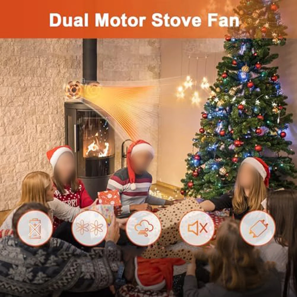 Fireplace Fan Double Head 4 Blades Thermal Power Fan Air Circulation Fan Noiseless Stove Fan Home Winter Warm Heat Distribution