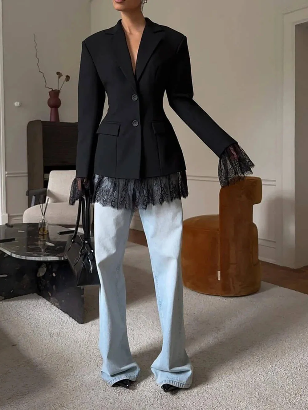 

2026 New Women's Lace Splice Slim Fit Suit Jacket Korean Style Commute Design Sensation High Waist Waist-Cinching Outerwear