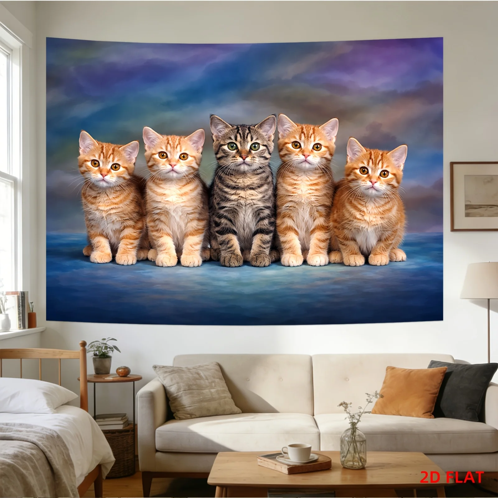 Large Realistic Cat Family Portrait Wall Tapestry Hanging Home Decor Polyester Poster Blue Landscape Art for Living Room Bedroom