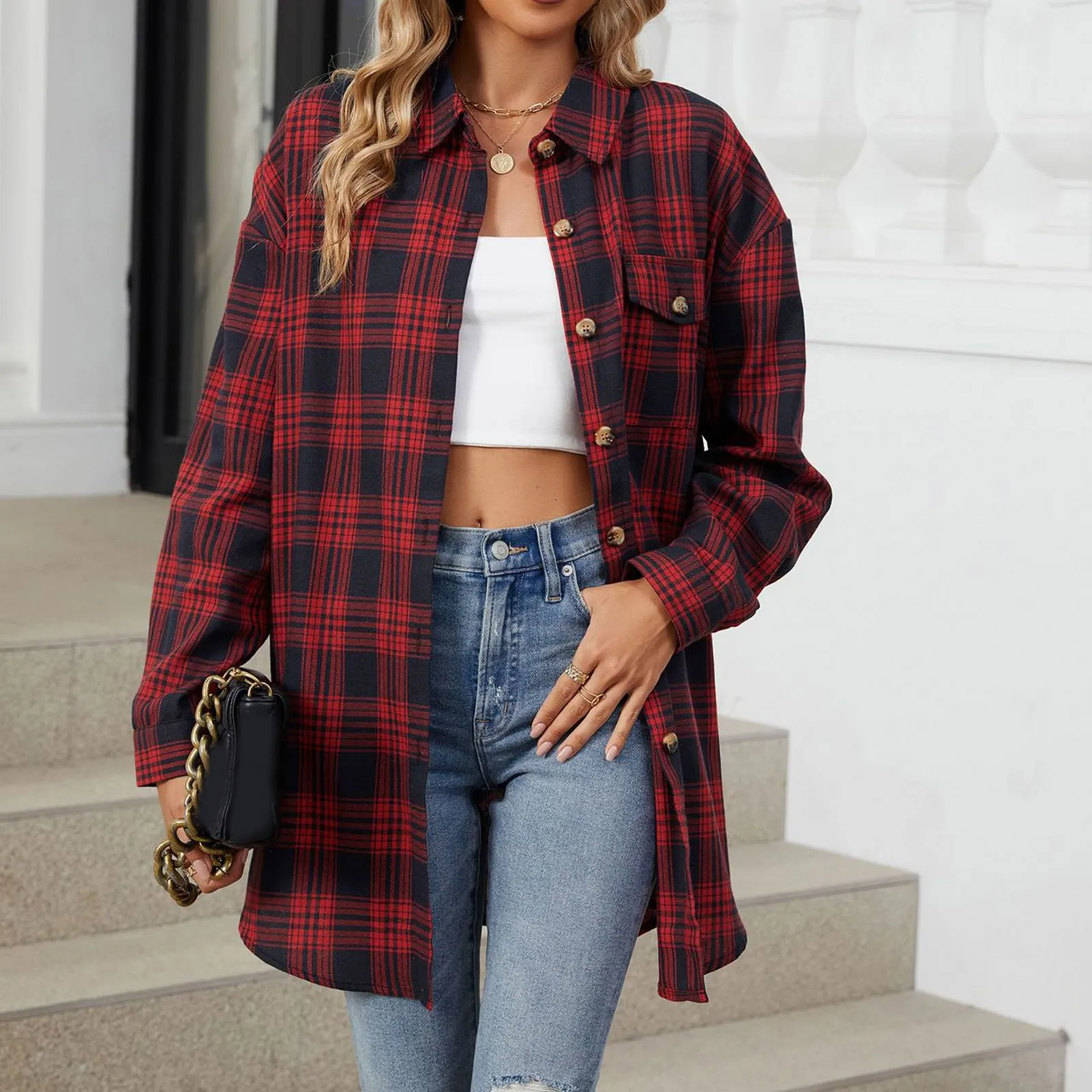 Women’S Casual Plaid Flannel Jacket Classic Oversize Long Sleeve Button Down Patch Pocket With Flap Fall Shirt  Camisas De Mujer