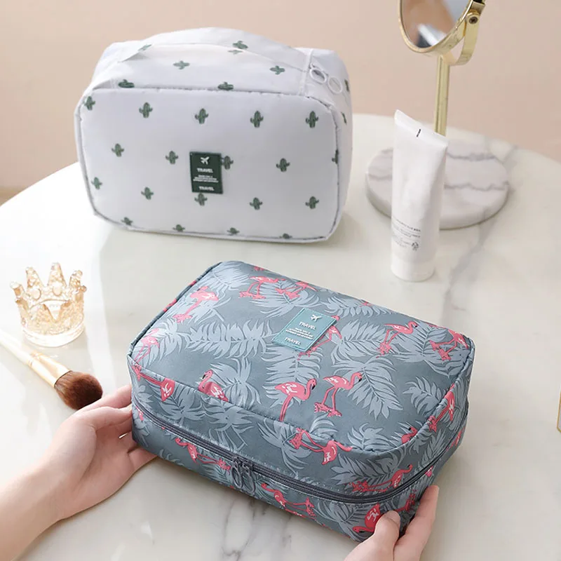 Waterproof Hanging Travel Cosmetic Bag Flamingo Lemon Print Portable Makeup Organizer Toiletry Wash Bag for Women Skincare Stora
