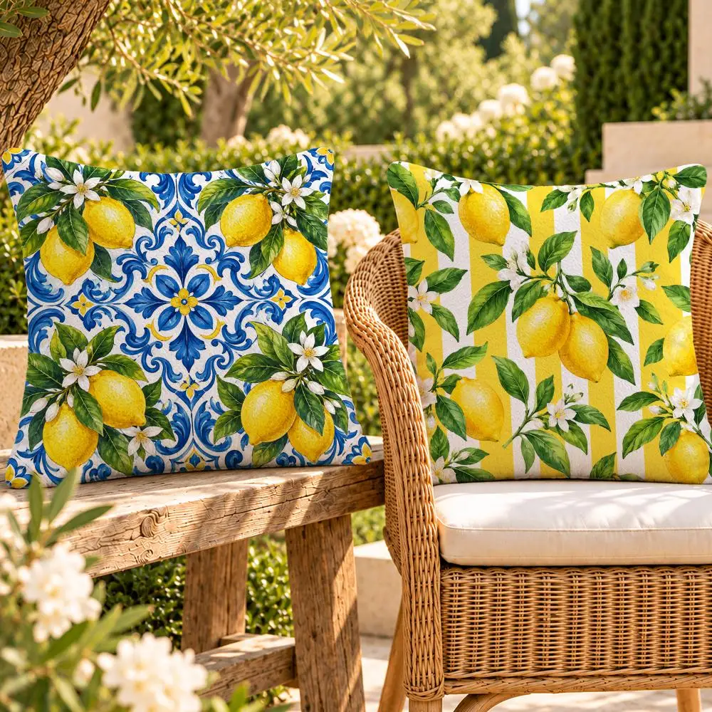 Art Sicilian Lemon Watercolor Cushion Cover Soft Plush Throw Pillow Cover Washable Sofa Bed Patio Chair Home Decor