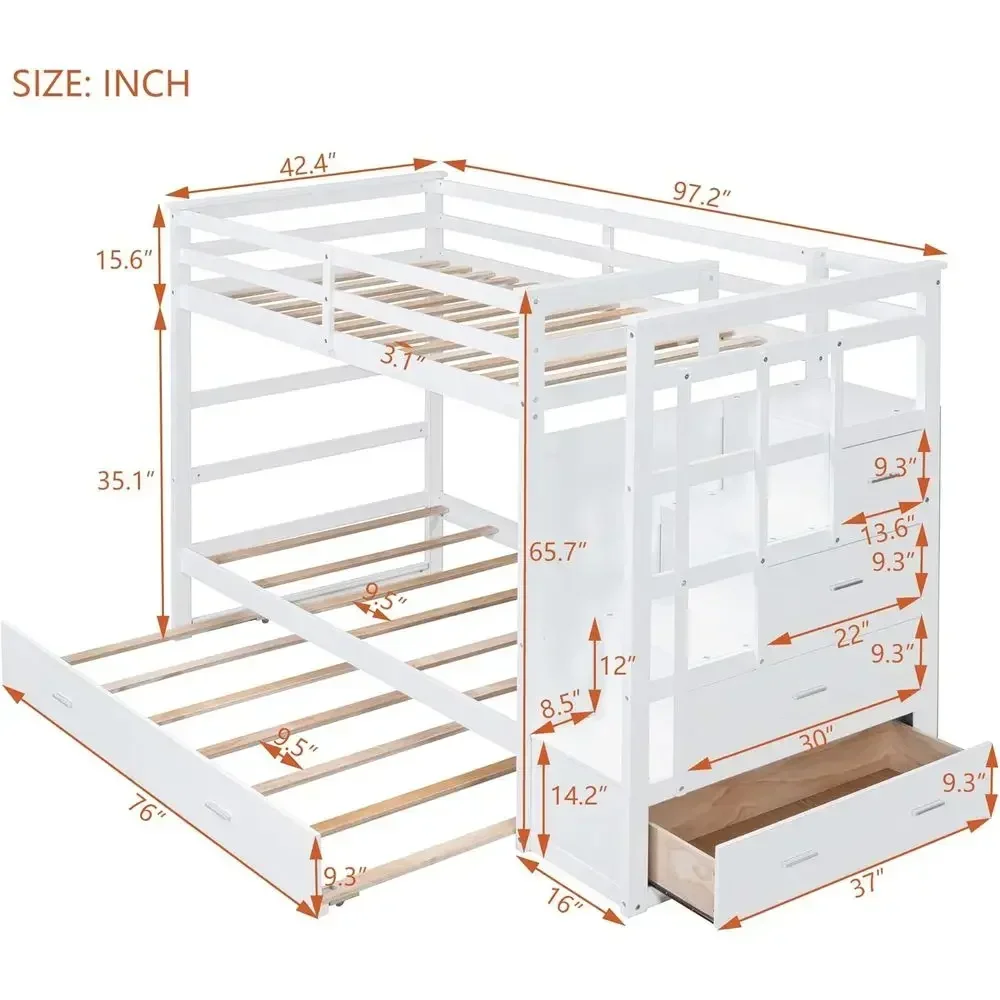 Twin Over Twin Staircase Bunk Bed with Trundle, Triple Bunk Bed, Storage Stairs, Safety Rail, Drawers, Solid Wood, Bedroom Set,