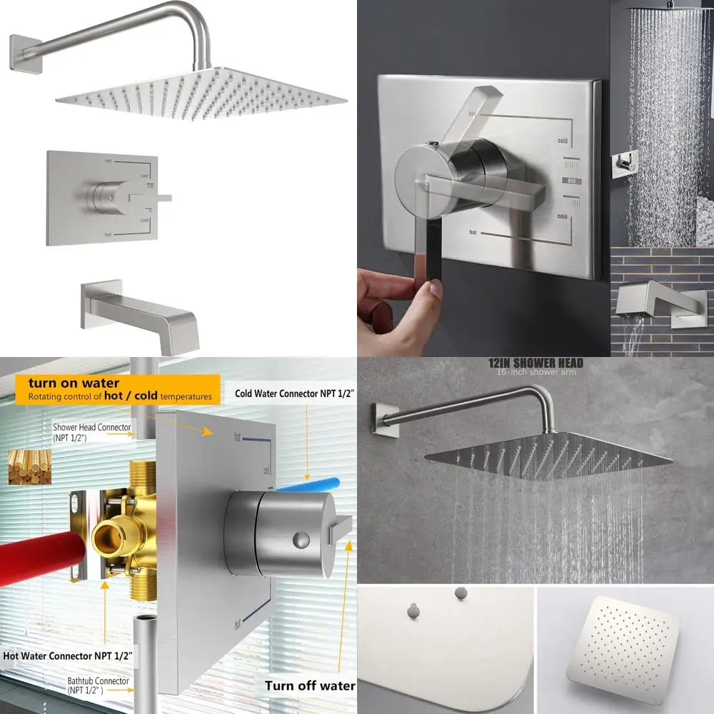 

Two-Function Brushed Nickel Shower System with 12 Rain Shower Head and Waterfall Tub Spout for Luxurious Bathroom Upgrade