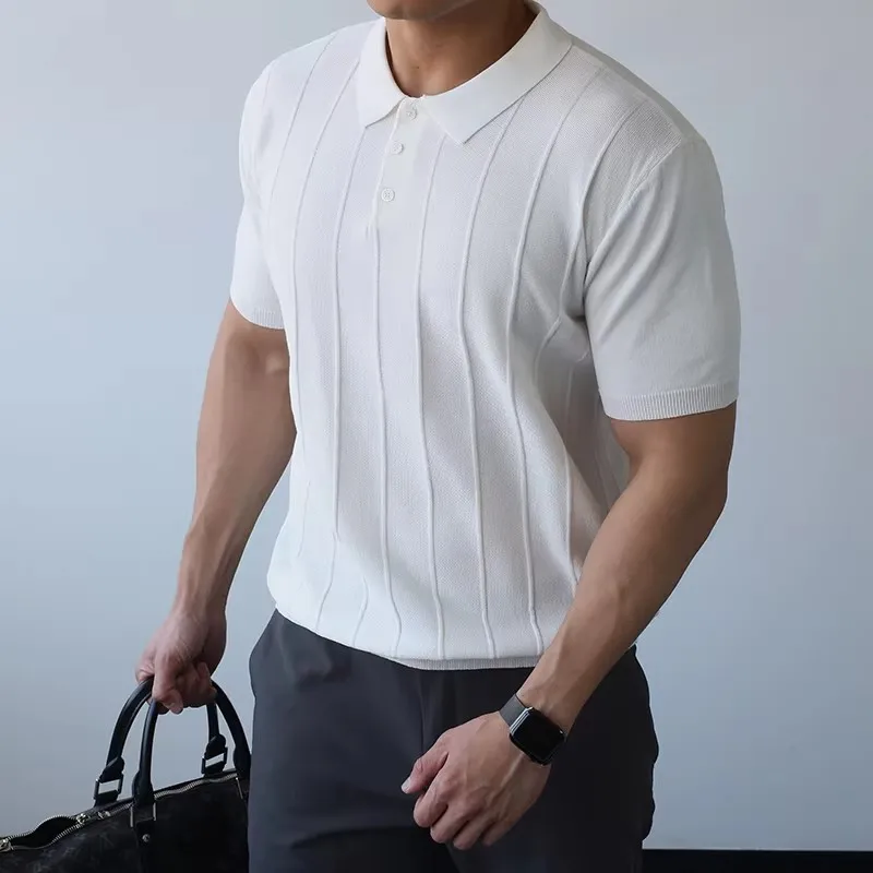 Knitted Polo T Shirt Mens Half-Zip Collar Fashion Jacquard Striped T Shirts Korean Popular Leisure Knitwear Spring Summer Tee
