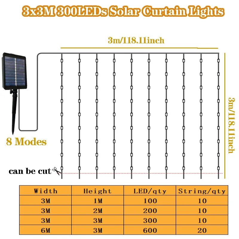 Imagem -06 - Led Solar Curtain Light String para Pátio Guirlanda de Natal Festa de Casamento Feriado Decoração do Jardim ao ar Livre Decoração de Fadas Modos