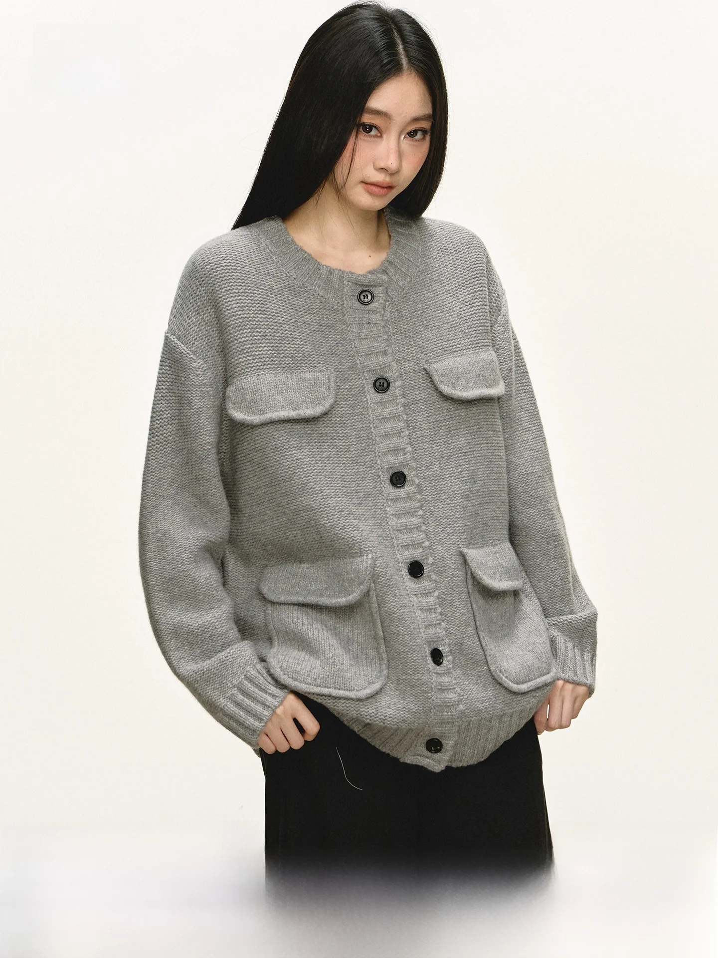 

Anna Aneae ey Open Cardigan Women's Loose Sle Long Sve round Ne Spring Autumn Coat with Big kets Button Design