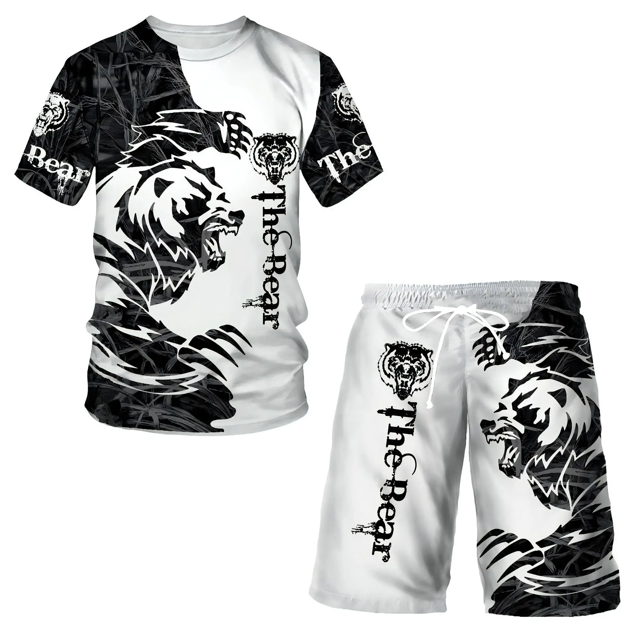 

Summer 2 Piece Tshirts Sets Men's New The Lion 3d Prited Sportswear Male Designer O-neck T-shirt Trunks Classic Beast Suit
