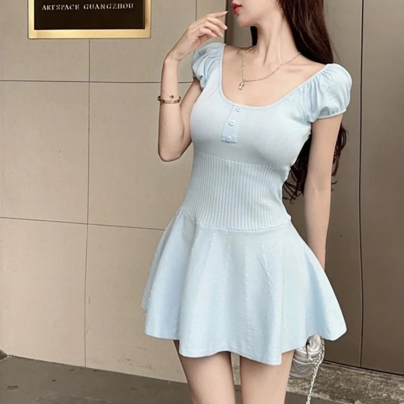 

Womens Square Neck ShortSleeve Rib Knit Mini A-line Dress Solid Color Summer Fall Party Dress Y2K Clothes