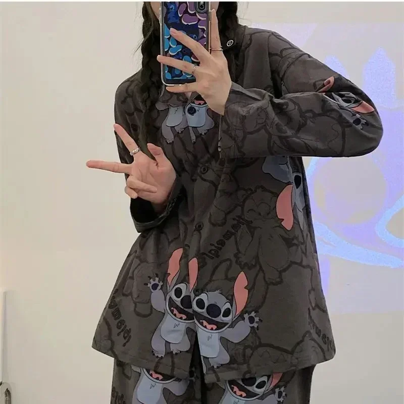 Kawaii Stitch Pajamas Anime Cute Girl Thin Pajamas Pajama Pants Two Piece Set Cartoon Sweet Printing Long Sleeves Tracksuit New