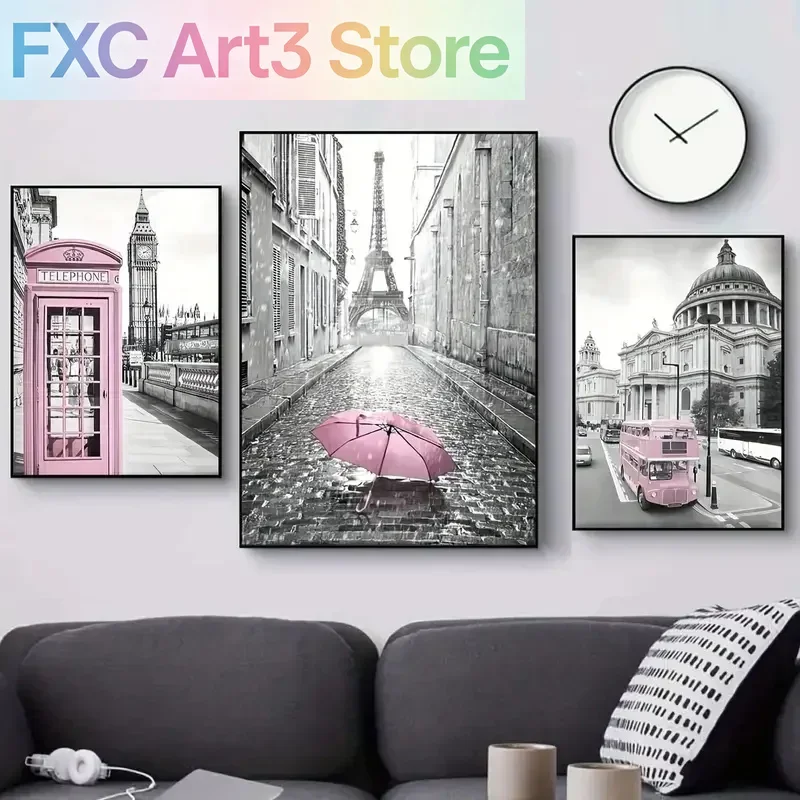 Póster de lienzo de arte moderno sin marco, 3 uds., Torre Eiffel, decoración para dormitorio de niñas, arte de pared con tema de París, color rosa claro, para sala de estar, Corrido