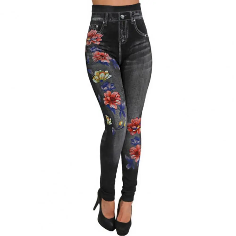 High Waist Multi Pockets Butterflies Floral Print Fitness Leggings Workout Long Pocket Printing Summer Casual Pencil Pants