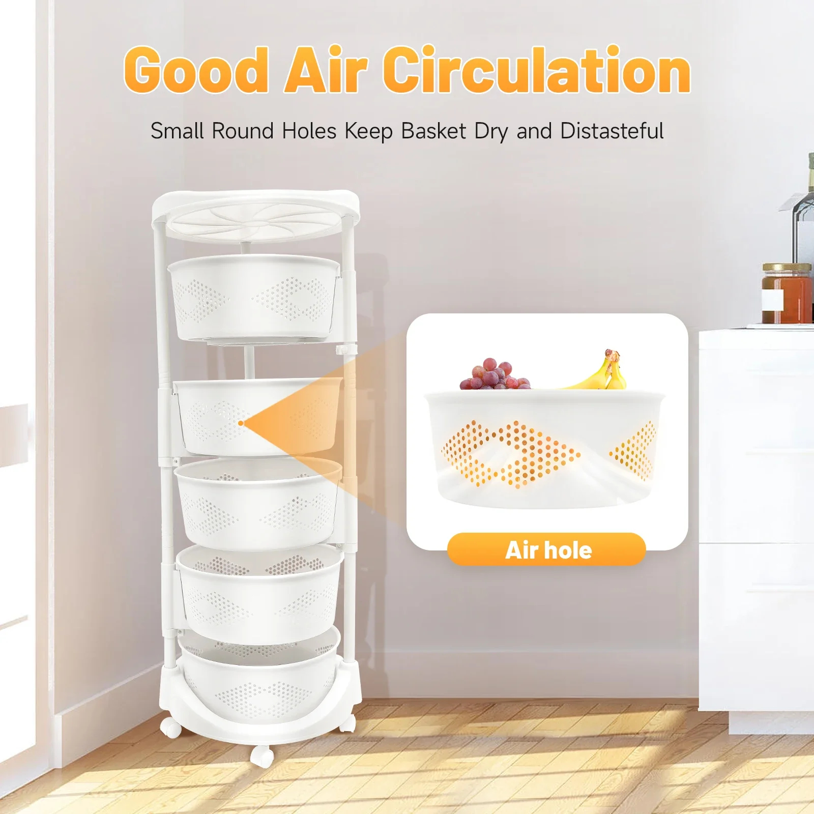 

5-Layer Kitchen Storage Cart Removable Rotating Basket Vegetable Rack Multifunctional Storage Basket with Wheels White