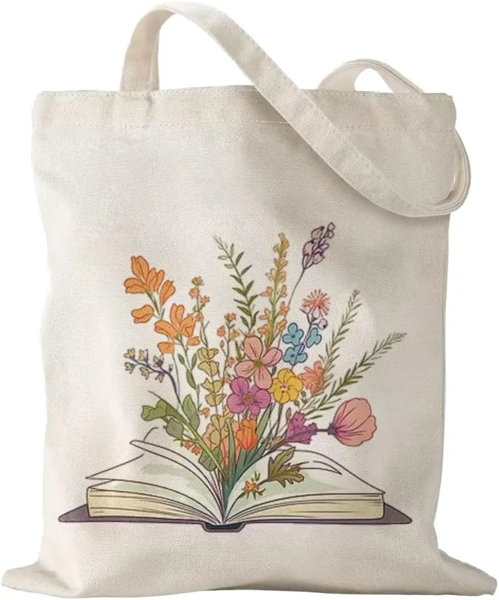 Literary Plant Beige Canvas Shoulder Bag with Wildflower Pattern Book Design Suitable for Daily Casual and Use Canvas Tote Bag