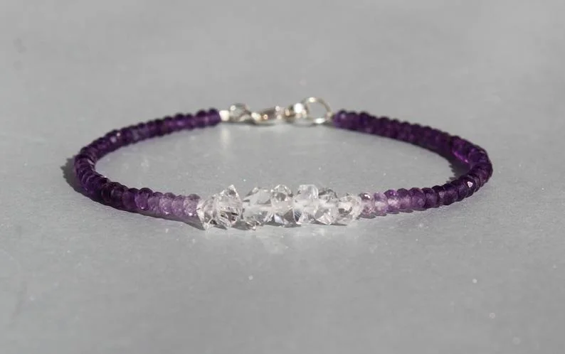 Amethyst Bracelet with Herkimer Diamond, February Birthstone, Herkimer Bracelet, Amethyst Bracelet, Gemstone Dainty Beaded Ombre