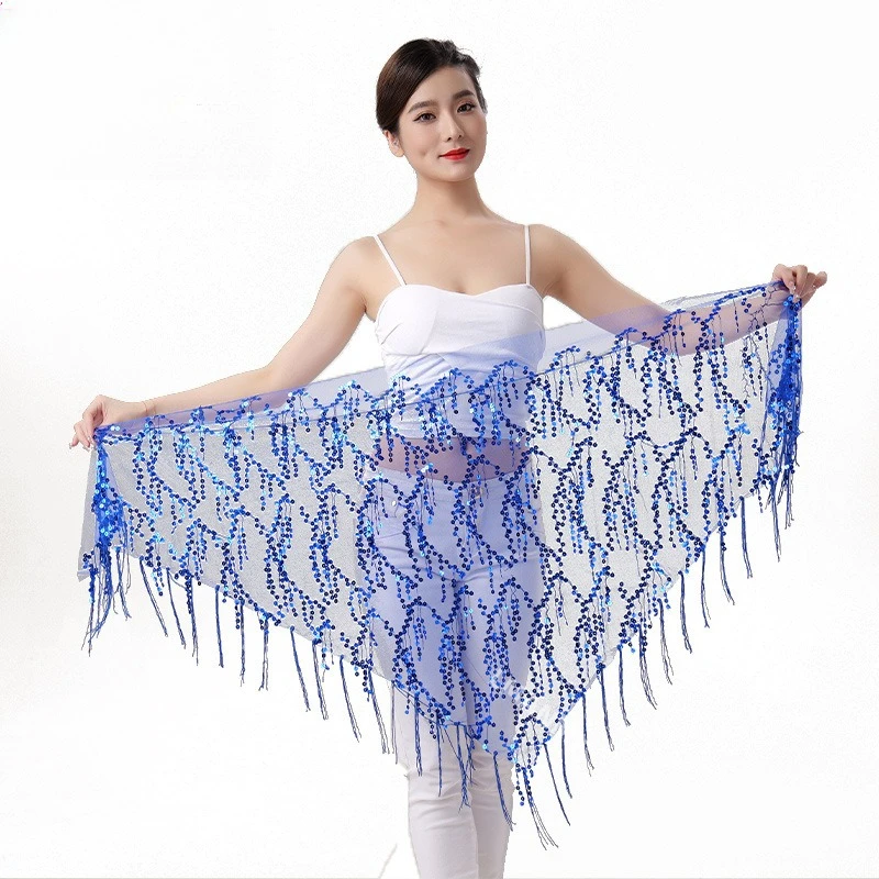 Sciarpa triangolare con nappe e paillettes di danza del ventre, pratica sciarpa in vita con catena in vita, costume da spettacolo di danza indiana