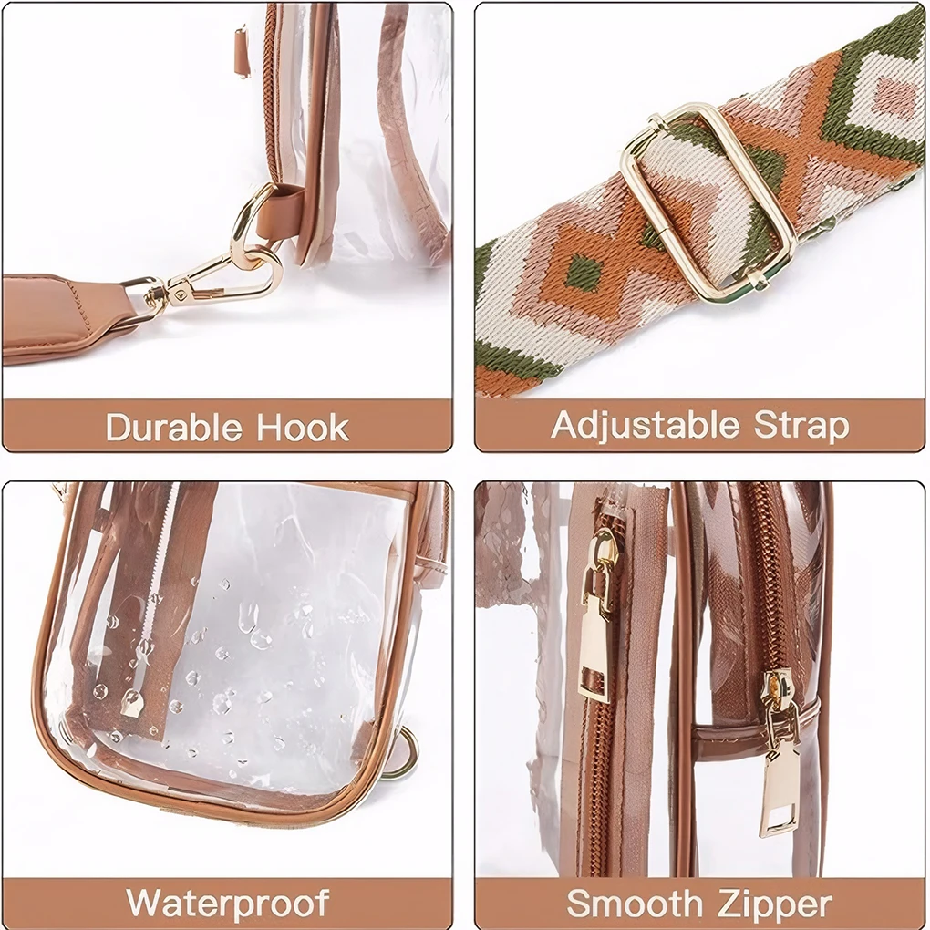 Sling Bag para eventos do estádio, Clear Crossbody Bag, Resistente a manchas, Castanho claro