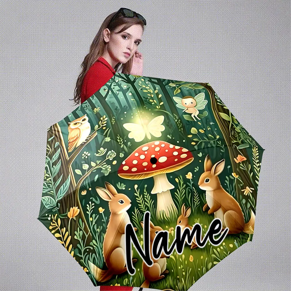 Custom Name Umbrella Fairy Forest Rabbit and Owl with Mushrooms 8 Iron Ribs Folding Umbrella Auto-Open Fashion Sunshade