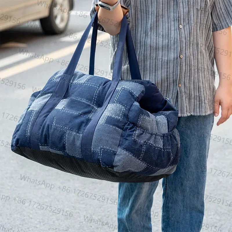 Travel Safety Bolster Vintage Denim Patchwork Dog Car Seat Bed with Safety Buckle Luxury Dog Beds Pet Car Seat 60 50 36 cm