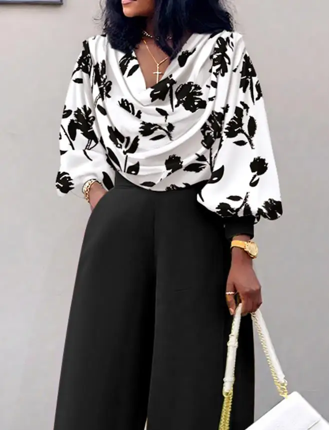 우아한 2피스 의상 플로럴 프린트 카울넥 랜턴 소매 신축성 있는 밑단 크롭탑 캐주얼 밴딩 허리 와이드 레그 팬츠 세트