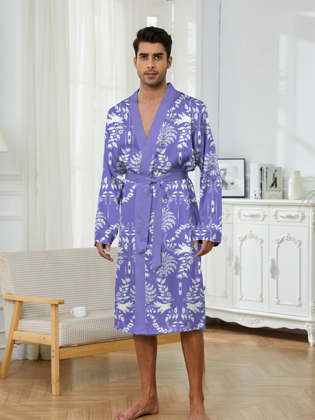Spring and Autumn men's casual robe with digital printing, fun sleeping robe that dries quickly at home.