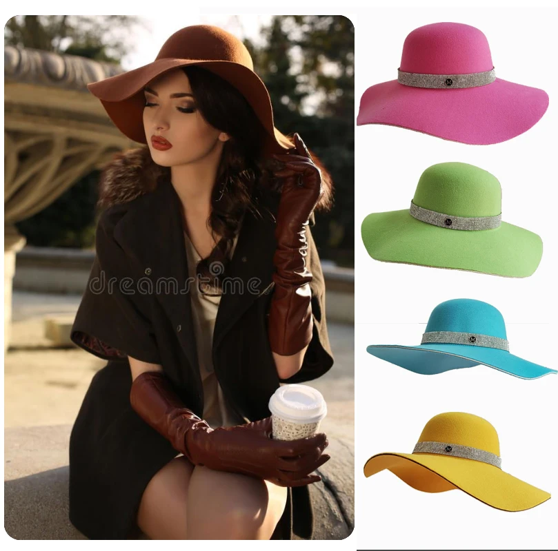 French Vintage Women\'s Big Brim Colorful Felt Hat Unisex Fedora Fashion Dome Bucket Hat Church Wedding Hat Wholesale