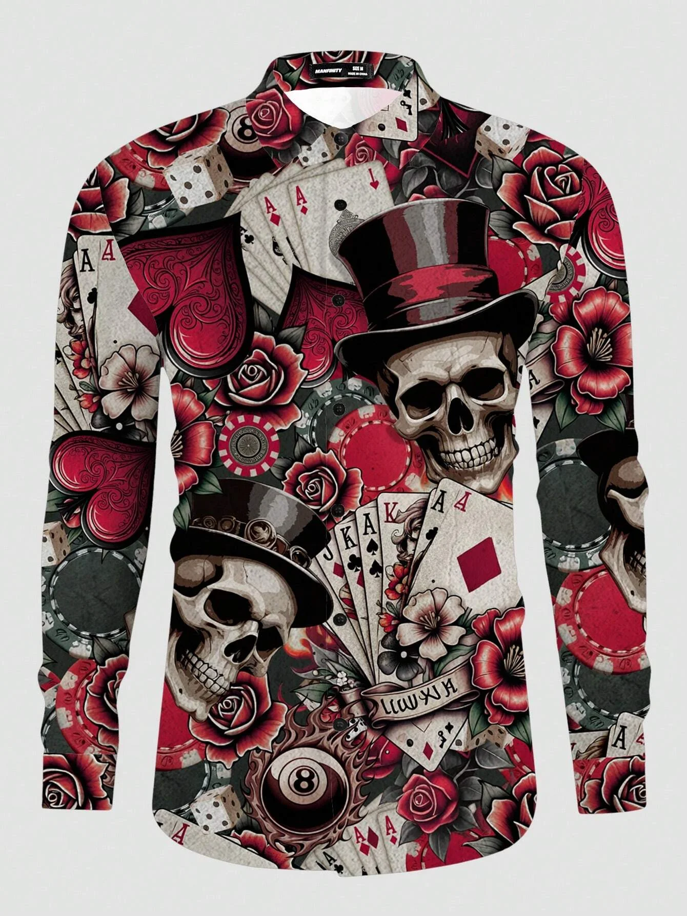 Men's Lapel Shirts Funny Long Sleeve Shirts Traditional Hawaiian Shirts Casual Shirts Skull Playing Card Print Holiday Shirts