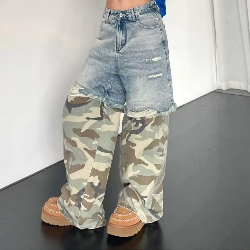 Jeans Men's and Women's Camouflage Patchwork Washed Hole Design Jeans 2025