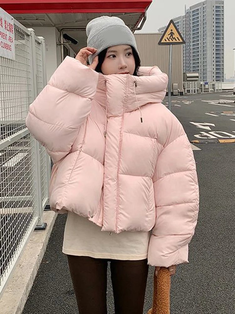 

Winter Warm Pink Parkas Women Loose Long Sleeve Sweet Hooded Cotton Jacket Korean Fashion Preppy Style Female Cute Puffy Coat
