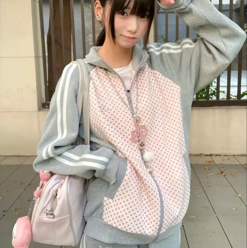 Korean Woman Zipper Jacket Y2K Girls Cardigan Coat Cute Lace Skirt Spring Autumn Student Casual Loose Coat Fashion Outer Wear