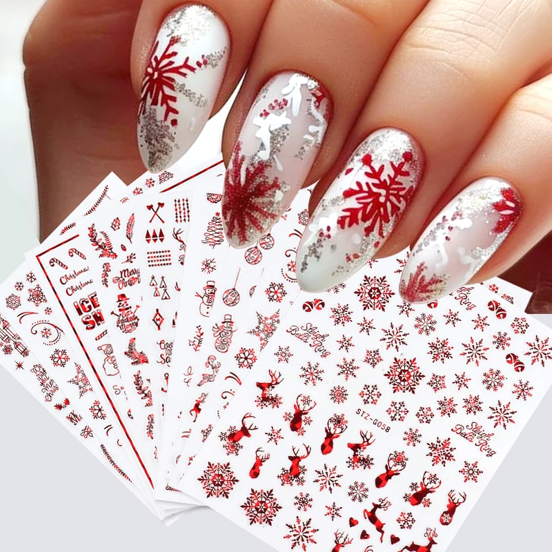 

9pcs 3D Laser Red Christmas Nail Stickers Chrome Snowflakes Elk Snowman Tree Slider New Year Self-adhesive Decals Nail Art Decor