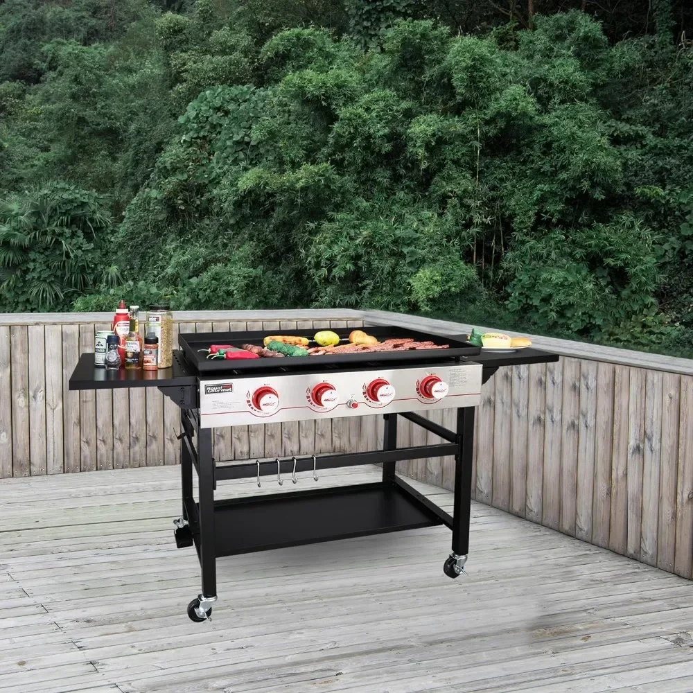 BBQ GB4000 36-inch 4-Burner Flat Top Propane Gas Grill Griddle Camping Red Stainless Steel Barbecue Grill Large BBQ Grill