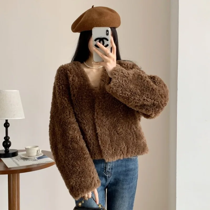 Women's Faux Fur Coat Fairy Fall Winter Coat Lamb's Wool Thicken Warm Short V-neck Simple Brand Fashion Harajuku Versatile