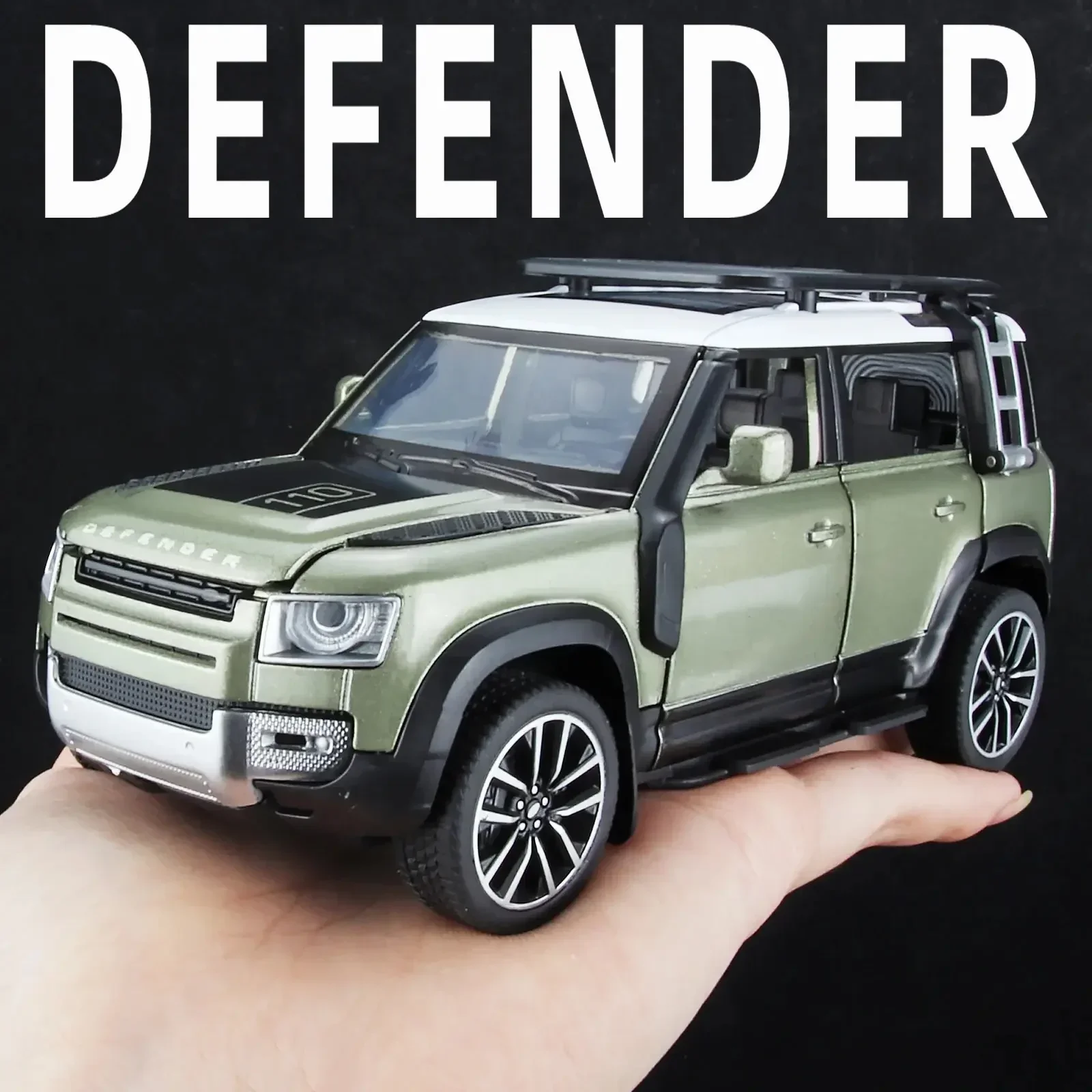 Modèle de voiture à remonter moulé sous pression avec son et lumière, collection de jouets pour Land Rover New Defender, cadeau, 1/32, 110