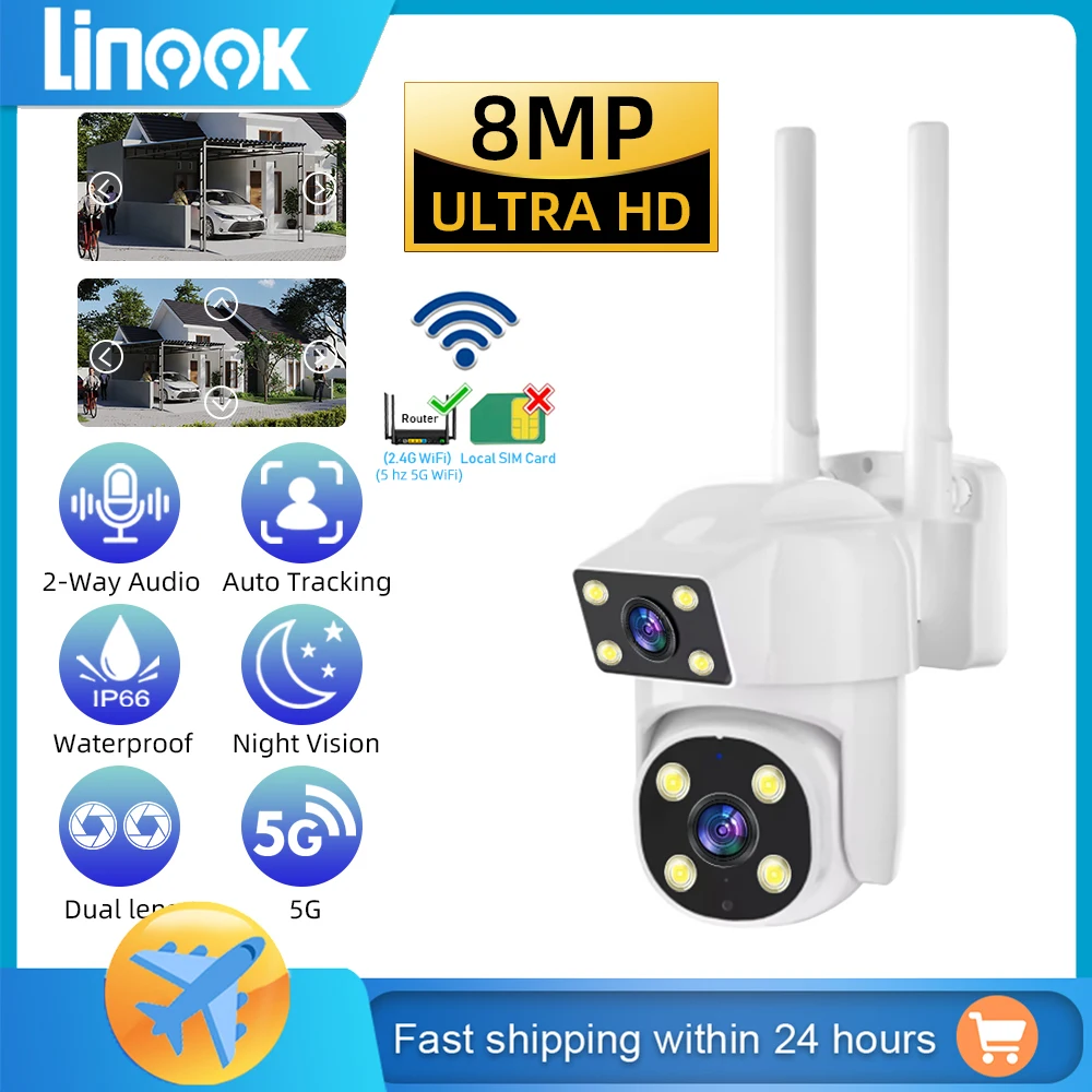 Linook O-KAM dual lens 8MP 4K 2.4hz 5Ghz outdoor waterproof wireless WIFI connection closed-circuit television camera IP securit