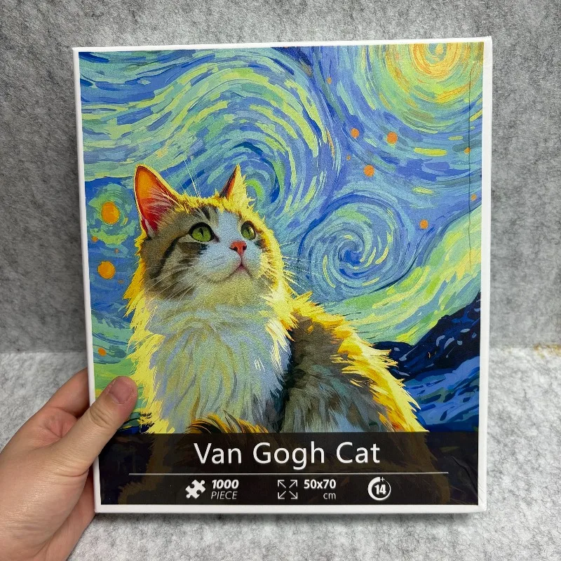 Van Gogh Cat Jigsaw Puzzle 1000‑Piece, Starry Night Style Fluffy Cat Art Puzzle, Challenging Puzzle Game,70×50cm Home Wall Decor
