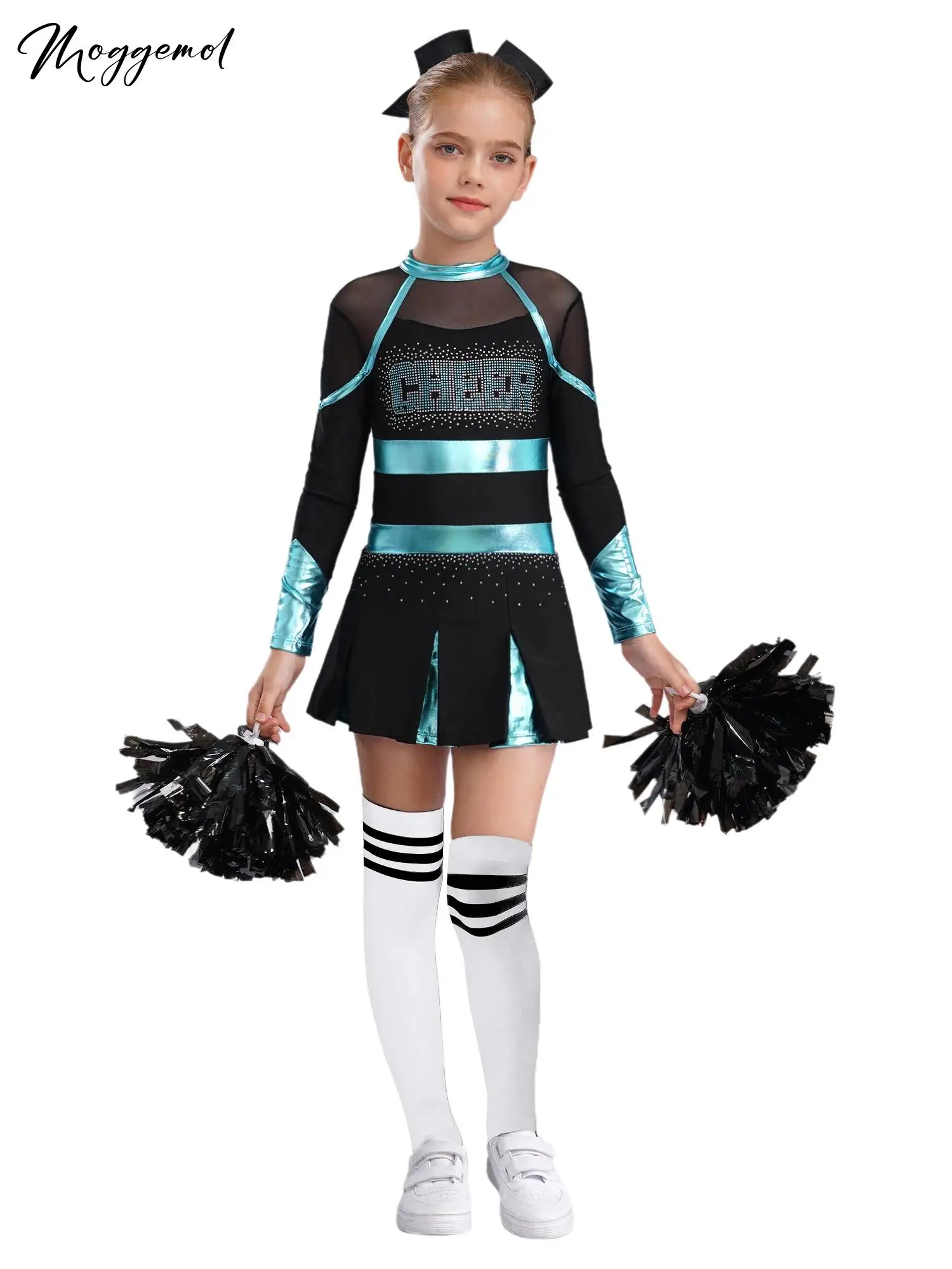 

Girls Cheer Leader Costume Halloween Cheerleading Uniform Long Sleeve Sheer Mesh Patchwork Dress+Hand Flowers+Stocking+Hair Tie