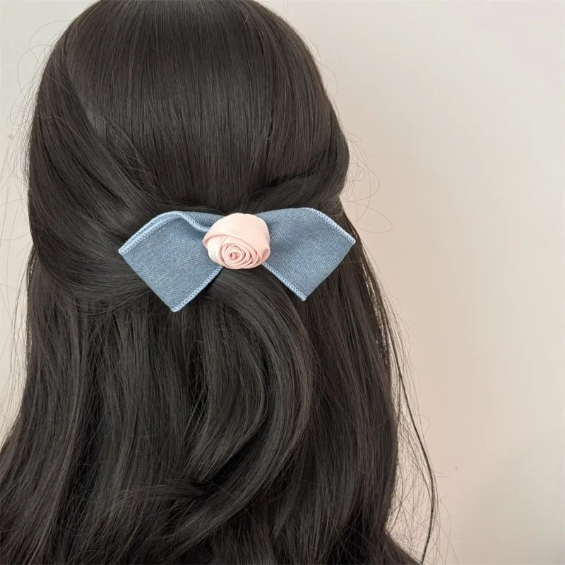 Denim Rose Barrettes Women\'s Blue Side Barrettes Eight-Character Bang Side Clip Elastic Hair Ring Hair Tie Hairpin Headwear