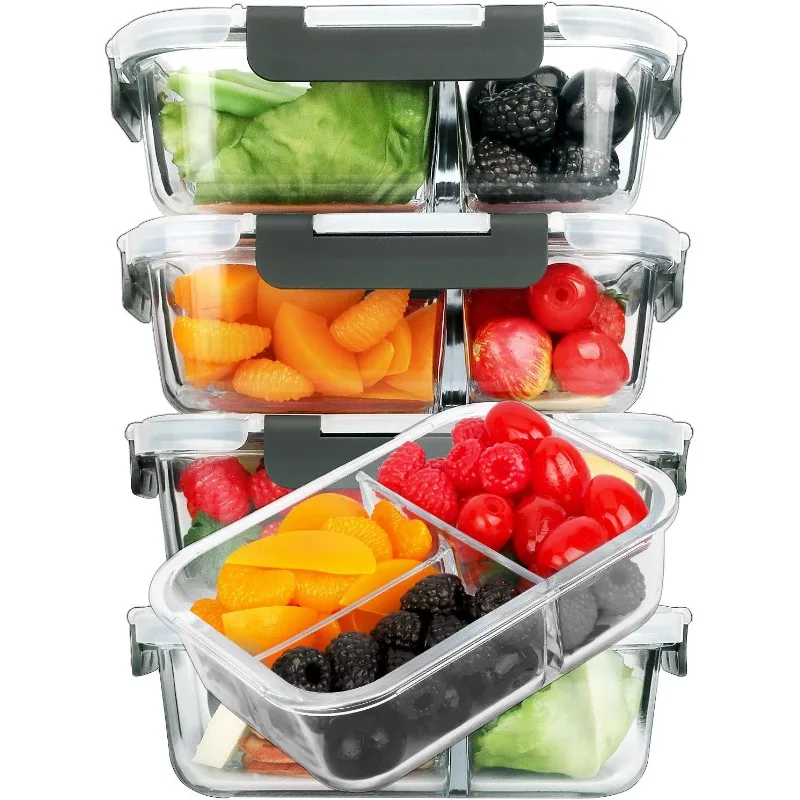 [5-Pack, 36 oz] Glass Meal Prep Containers 3 Compartment with Lids, Glass Lunch Containers,Food Prep Lunch Box,Bento